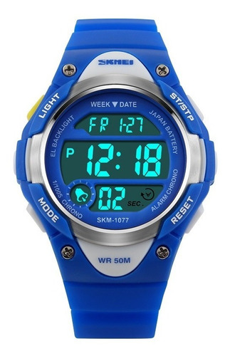 Skmei 1077 Reloj Para Niños Deportivo Sumergible Cronometro Color de la malla Azul Color del bisel Plateado Color del fondo Gris