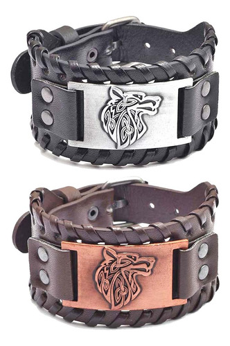 Pulsera Cuero Para Hombre 2 Unidad Cuerda Trenzada Punk Lobo