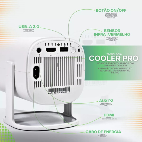 Projetor P30 Wifi 10000lm Android 11 Bluetooth Portátil Branco