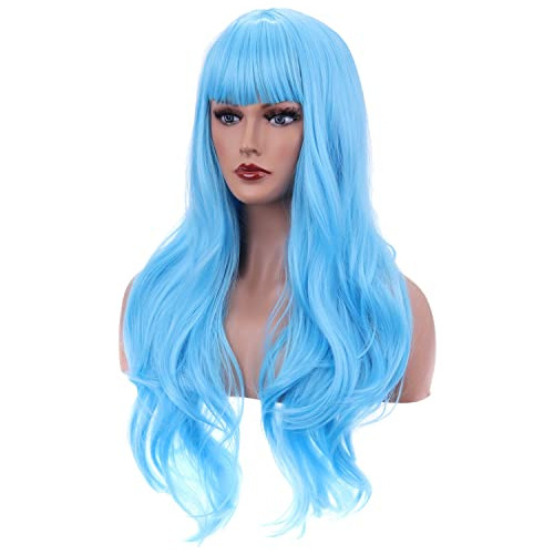 Bron Blue Wig Long Wavy Wig Con Bangs Sintético Wig Xpdjm