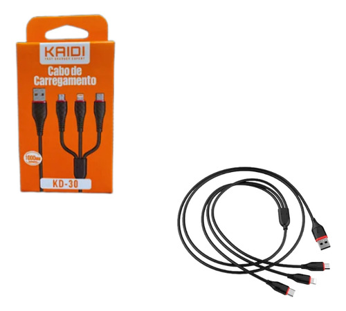 Cabo 3 Ponta Tripla Usb De Carregamento Kaidi Kd-30 Cor Preto