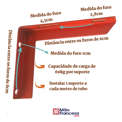 Suporte Mão Francesa 18x15 - Kit com 12 peças - Para Tubo Incêndio de 2 A 4 Polegadas - Cantoneira Tipo L para Tubulação de Hidrante