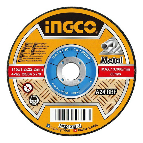 Disco Corte Metal 1.2mm 4 1/2´´ Ingco 25 Unid. Acero Inox. Color Amarillo