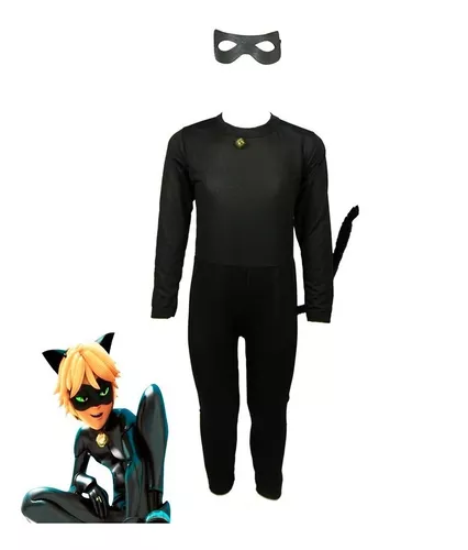 Fantasia Cat Noir Infantil Roupa Com Rabo + Máscara E Sino