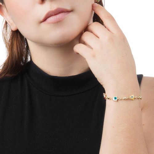 Pulsera Esclava Ojo Turco 5mm Unisex 20cm Chapa De Oro 18k Color Multicolor Diámetro 5.5 Cm Largo 20 Cm