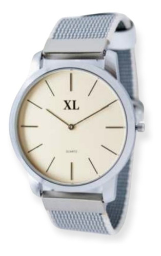 Reloj Mujer Xl Malla De Tela Beige Y Plata Modelo R2004