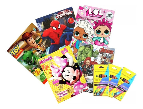 12 Libros De Colorear + Crayolas Niños Niñas Fiesta Cumple