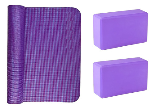 Colchoneta Mat Yoga 6 Mm + 2 Ladrillos Bloques Combo Set Violeta