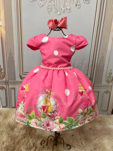 VESTIDO BEBE ROSA FESTA PRINCESA AURORA BELA ADORMECIDA LUXO