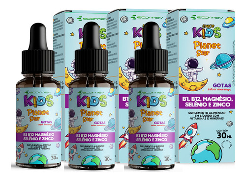 3x Foco Kids Vit B1 B12 Magnesio Selenio Zinco Vitamina Infantil Em Gotas Sabor Morango 30ml Ecomev