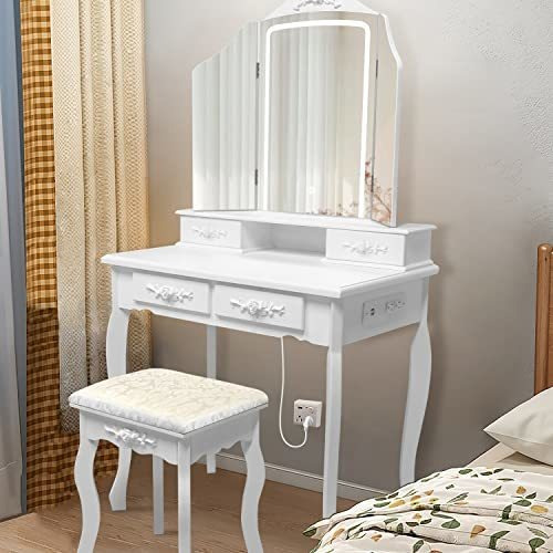 Jifuli Modern Vanity Table With Lighted Mirror &amp; Power S