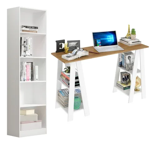 Kit Combo Escritorio Y Biblioteca Estantería Mulata Blanco Blanco