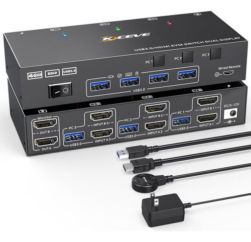 Kvm Switch Splitter Hdmi - Hdmi Usb 3.0 - 3 Pc En 2 Monitor