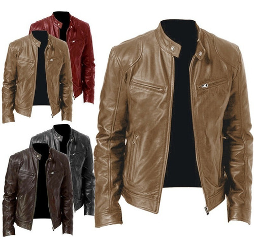 Chaqueta Forrada For Hombres Cuero Con Cremallera