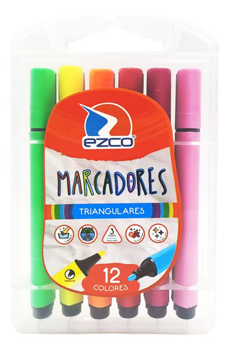 Marcadores Ezco Triangulares Estuche X 12 Colores Brillantes