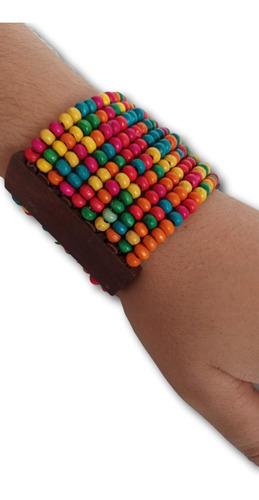 Imagem 4 de 7 de Pulseira Feminina Com Contas De Madeira Colorida Ref: 0641
