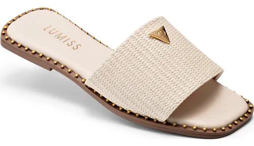 Sandália Rasteira Feminina Confortável Bico Quadrado Juta