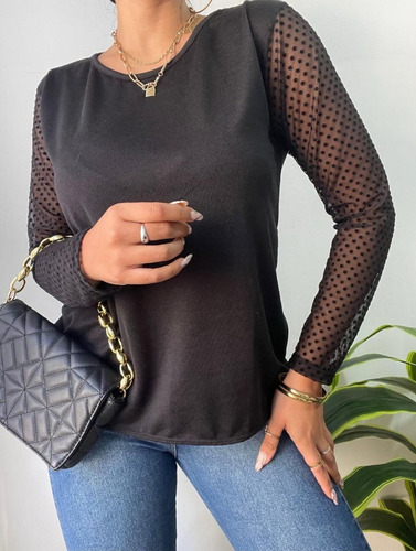 Blusa Lanilla Escote Moño En Espalda Y Mangas Tull Lunares