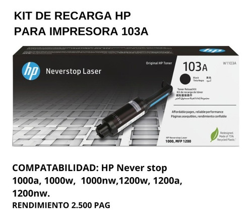 Kit De Recarga Hp 103a Negro W1103a Rendimiento 2.500pag