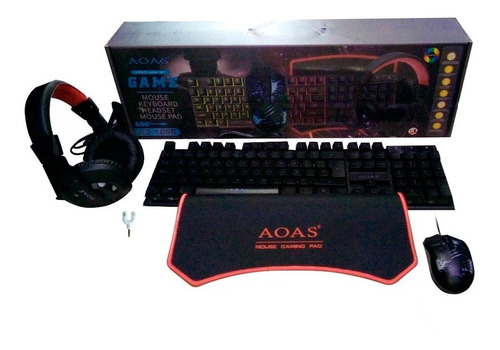 Kit Teclado Mouse Usb Audifono Padmouse Aoas-1066 Gamer Led