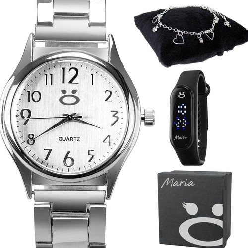 Relogio Feminino Aço Inox + Pulseira + Caixa Prata Casual