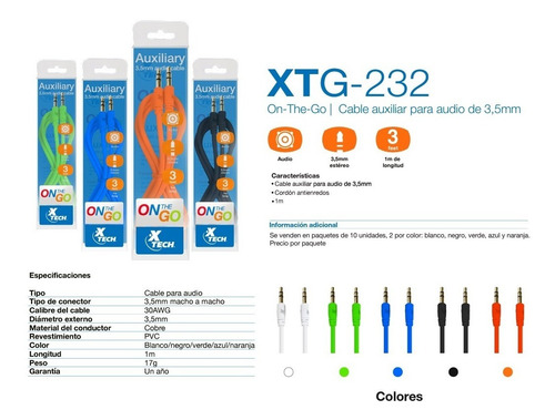 Imagen 1 de 1 de Cable Auxiliar Para Audio De 3,5mm Xtech On-the-go Xtg-232