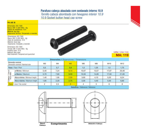 Parafuso Allen Cabeça Abaulada M5x30 Ma Aço 10.9 - 20 Peças