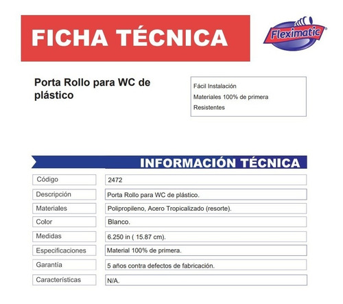 Fleximatic 2472 Porta Rollo De Plástico Blanco P/wc Blanco