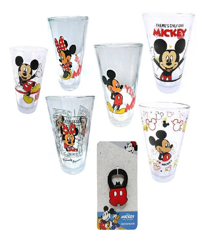 Set De 6 Vasos Vidrio Minnie Y Mickey Mouse 1 Destapador