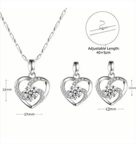 Sjx Set Collar Y Aretes Corazon Plata 925 Con Zircón Para