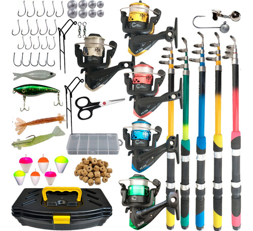 Kit De Pesca Completo 10kg 5 Varas 5 Molinetes E Acessorios