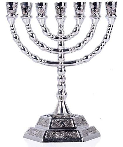 Large 12 Tribes Of Israel 7 Branch Temple Menorah Silve...