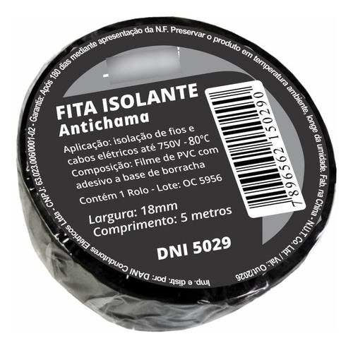 Kit 10 Unidades Fita Isolante Em Pvc Antichama 5m - Preto