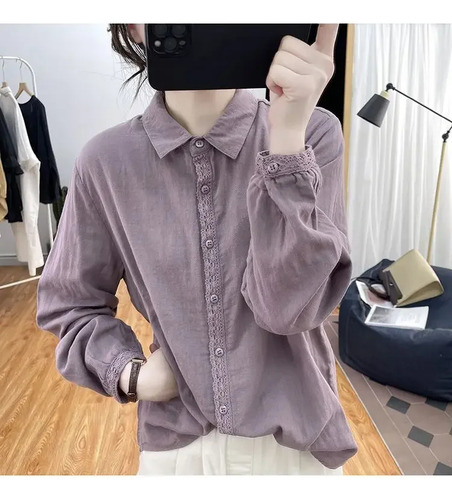 Camisa De Manga Larga Con Encaje Y Algodón Para Mujer
