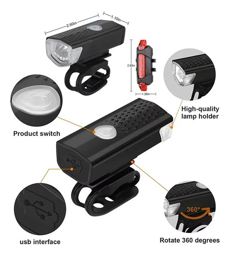 Juego De Faros Delanteros Y Traseros Usb Led Recargables Par
