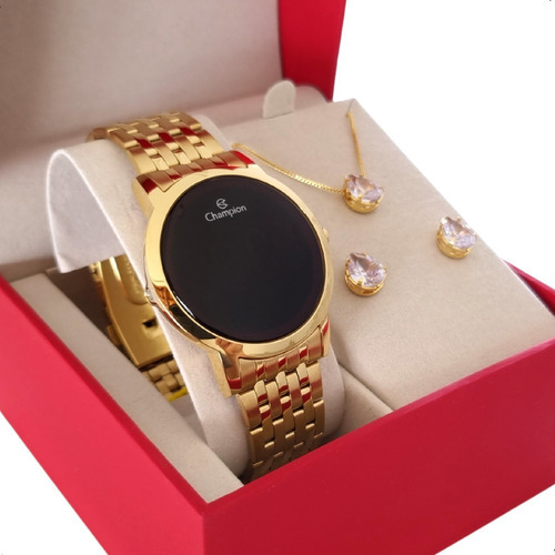 Relógio Champion Original Feminino Dourado + Colar E Brincos Cor do fundo Preto