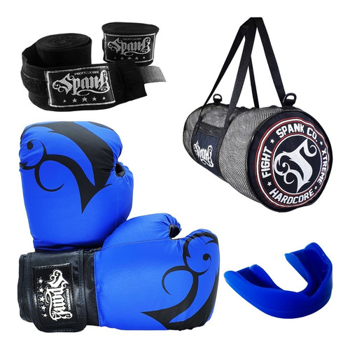 Kit Boxe Kickboxing Luva Bandagem Bucal Bolsa Spank Azul