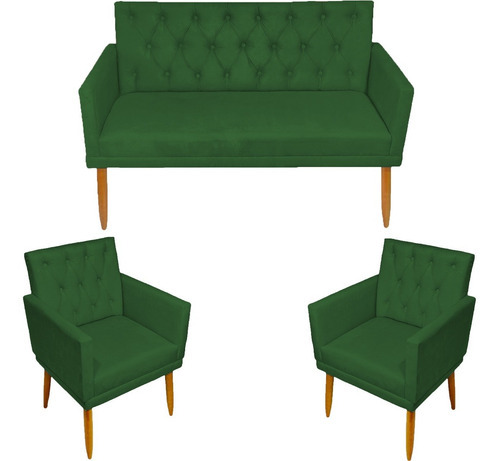 Kit Namoradeira + 2 Poltronas Decorativas Capitonê Com Base Cor Verde Desenho do tecido SUEDE LISO