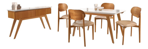 Mesa Amsterdã Com Quatro Cadeiras Jade + Aparador Moscou Off White Castanho