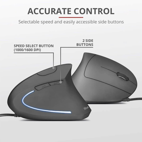 Mouse Vertical Ergonômico Verto, Led, 6 Botões Com Fio