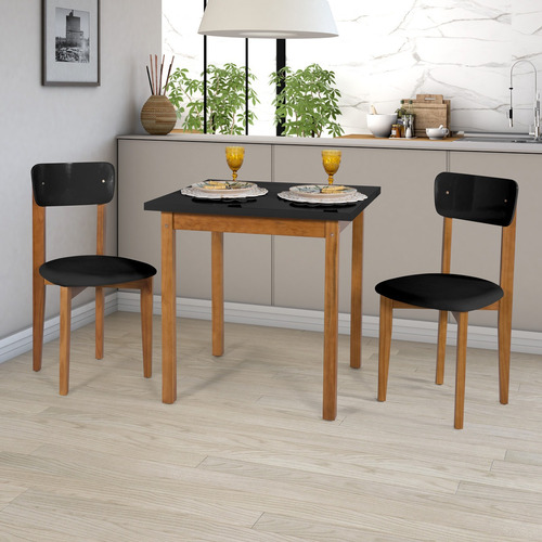 Mesa Elisa de 80 x 80 cm y 2 sillas de comedor de tela de gamuza negra, color negro/negro