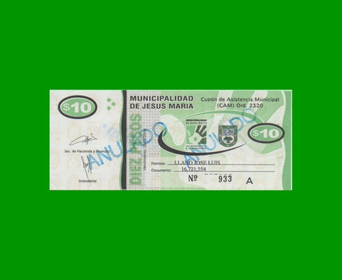 Bono Municipalidad Jesus Maria $10,00, Año 2004, S/c.-