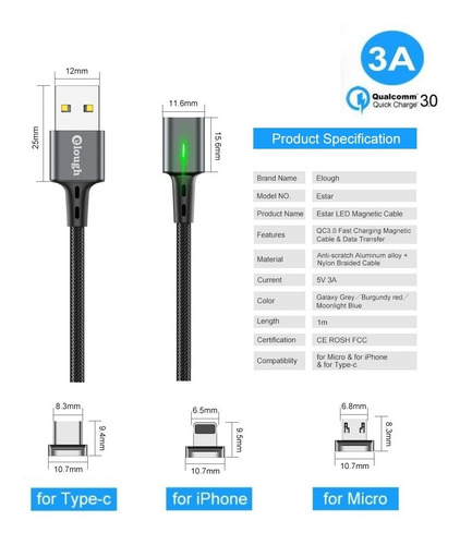 Imagen 9 de 10 de Cable Magnetico Micro Usb Carga Rapida 3.0 Y Datos 2 Metros