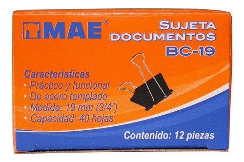 36 Sujeta Documentos Chico 19mm Mae P/40 Hojas Clip Pinza Color Negro