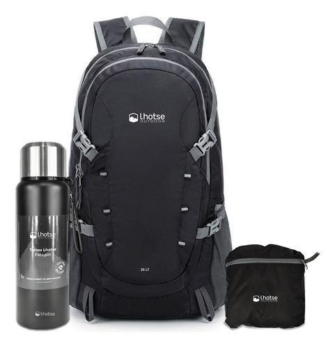 Kit Mochila Outdoor + Termo Patagón Negro Lhotse