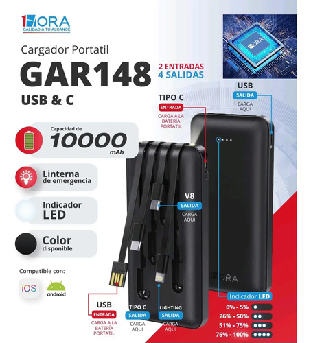 Batería Portátil 1hora 10000mah Usbc V8 Para iPhone Android