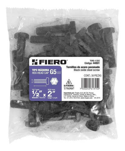 Imagen 2 de 4 de Tornillo Grado 5 Acero 1/2' X 2' Fiero 44801
