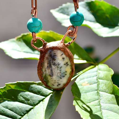 Collar Piedra Agata Y Howlitas Turquesa, Cadena Cobre, Cod1