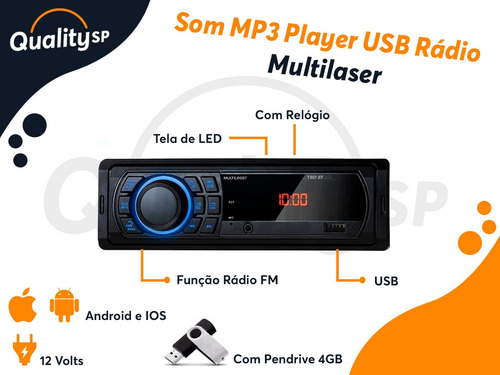 Mp3 Player 1din Usb Radio Multilaser Fm Bluetooth Carro