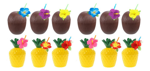 24 Tazas Hawaianas De Coco Y Piña Para Fiestas, Luau Party B